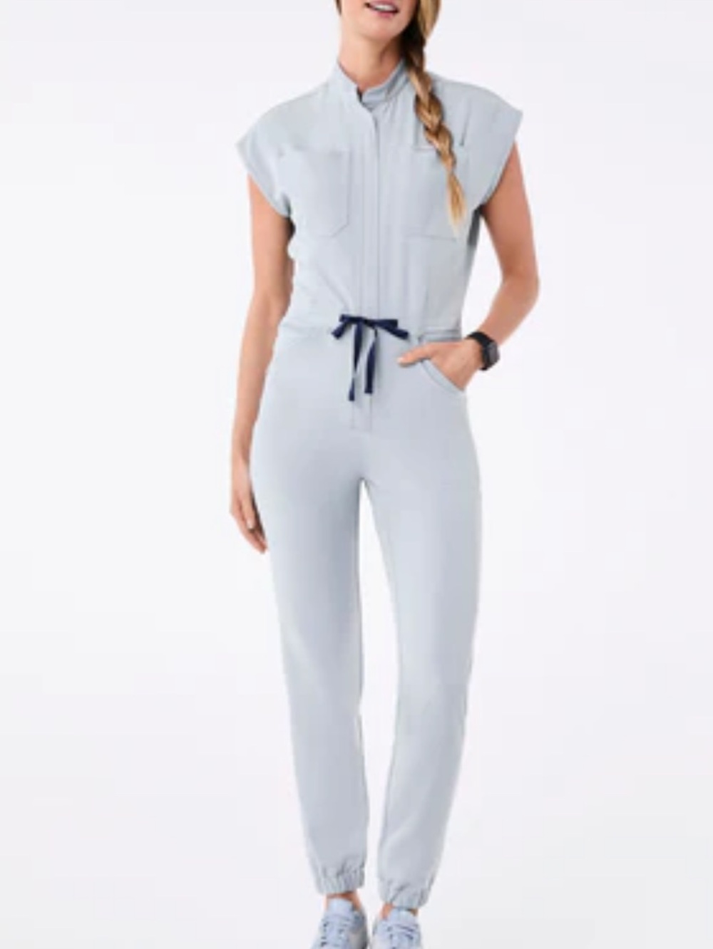 Figs] Light pastel Blue Short-Sleeve Zip-Front jogger Utility Jumpsuit